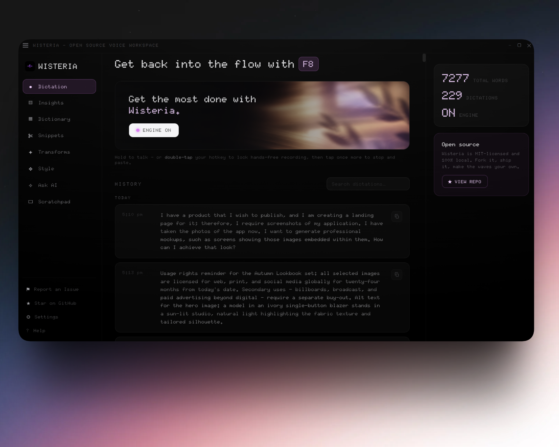 Wisteria dictation app